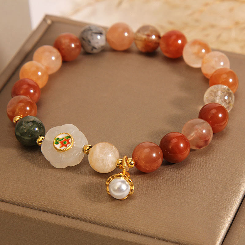 EverestArtstudios Natural Fu Lu Shou Crystal Hetian White Jade Pearl Luck Bracelet