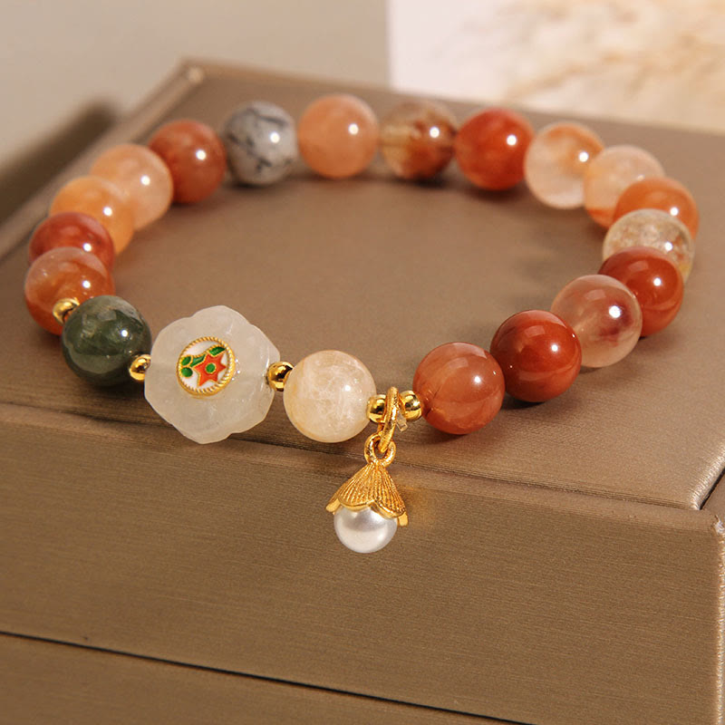 EverestArtstudios Natural Fu Lu Shou Crystal Hetian White Jade Pearl Luck Bracelet