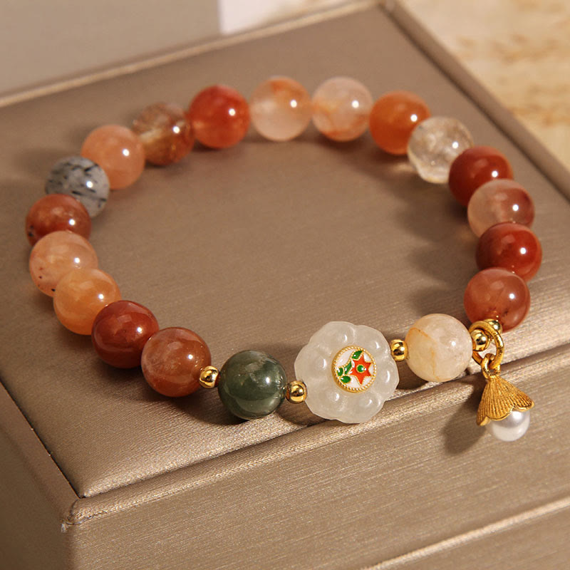 EverestArtstudios Natural Fu Lu Shou Crystal Hetian White Jade Pearl Luck Bracelet