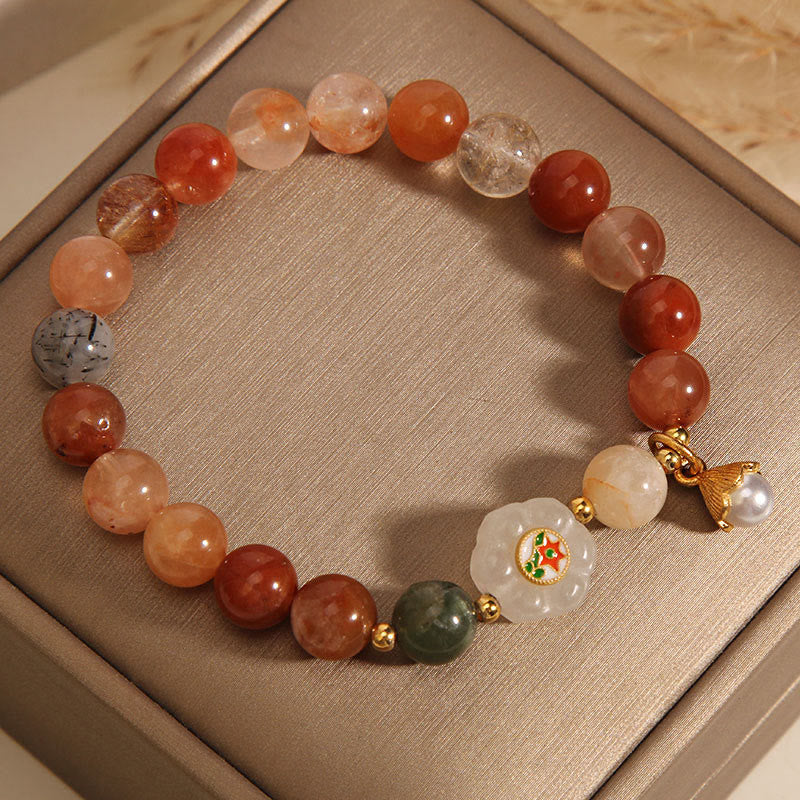 EverestArtstudios Natural Fu Lu Shou Crystal Hetian White Jade Pearl Luck Bracelet