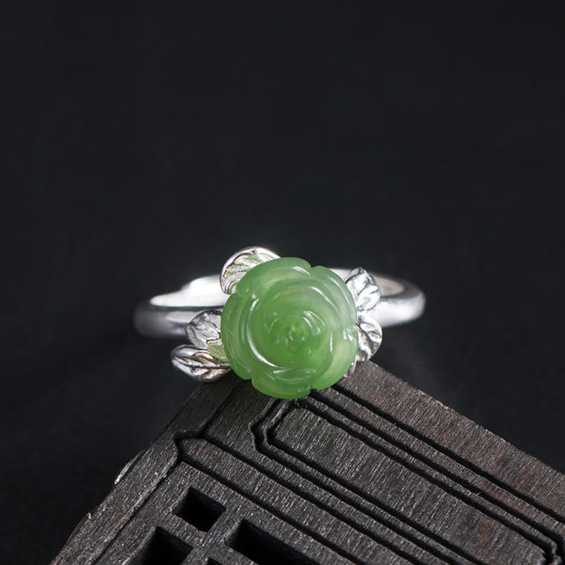 EverestArtstudios 925 Sterling Silver Jade Green Rose Luck Adjustable Ring