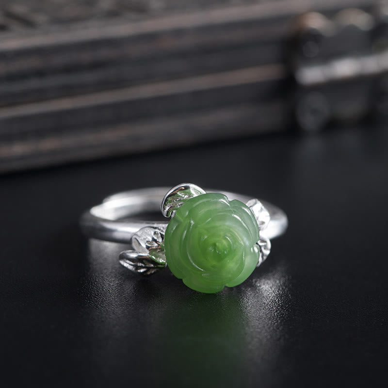 EverestArtstudios 925 Sterling Silver Jade Green Rose Luck Adjustable Ring