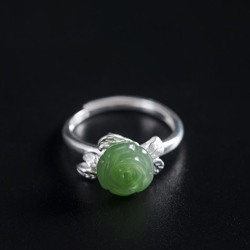 EverestArtstudios 925 Sterling Silver Jade Green Rose Luck Adjustable Ring