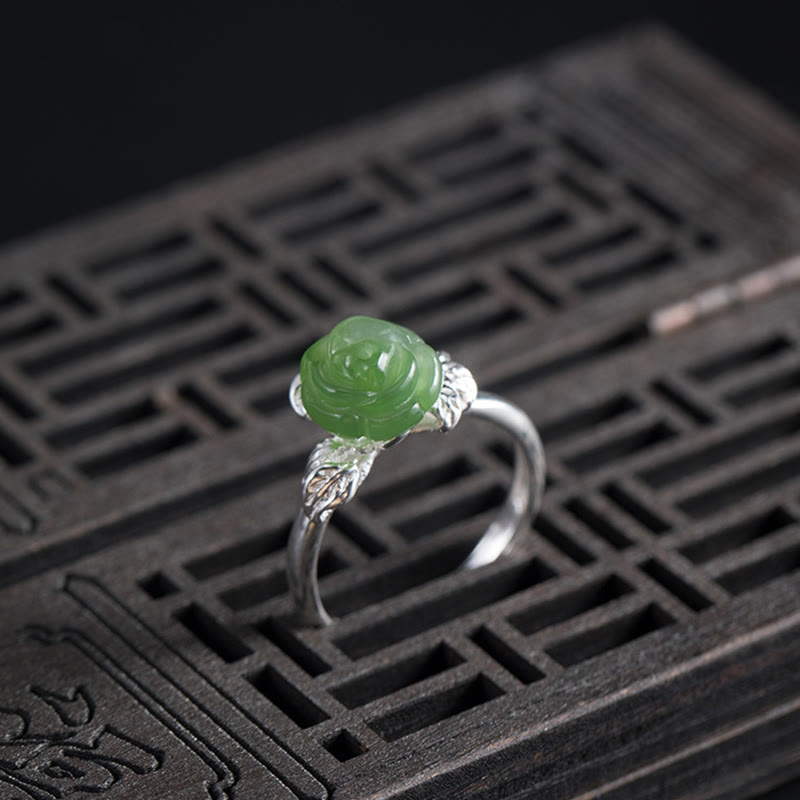 EverestArtstudios 925 Sterling Silver Jade Green Rose Luck Adjustable Ring