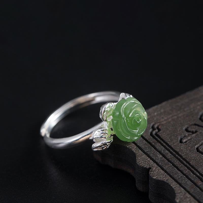 EverestArtstudios 925 Sterling Silver Jade Green Rose Luck Adjustable Ring