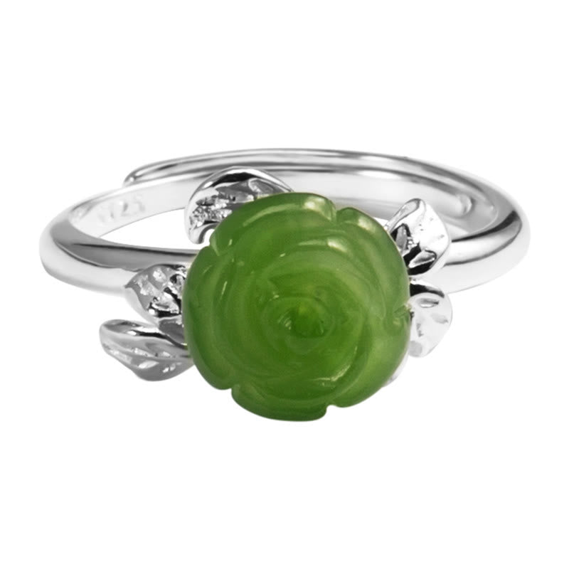 EverestArtstudios 925 Sterling Silver Jade Green Rose Luck Adjustable Ring