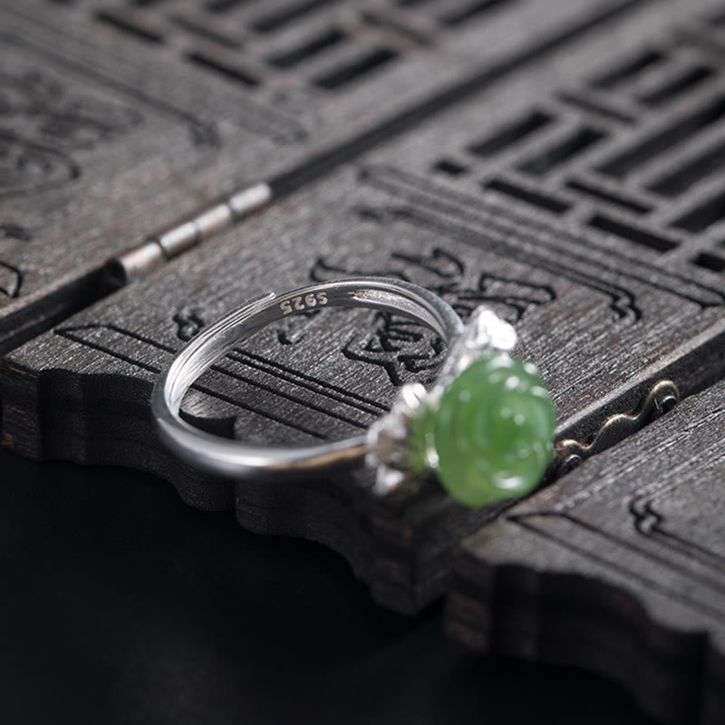 EverestArtstudios 925 Sterling Silver Jade Green Rose Luck Adjustable Ring