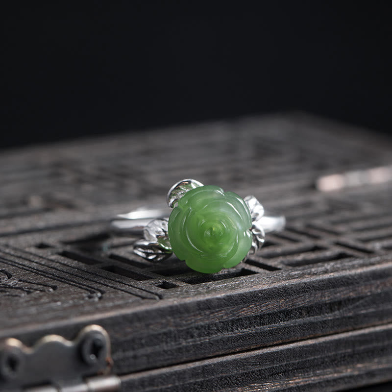 EverestArtstudios 925 Sterling Silver Jade Green Rose Luck Adjustable Ring