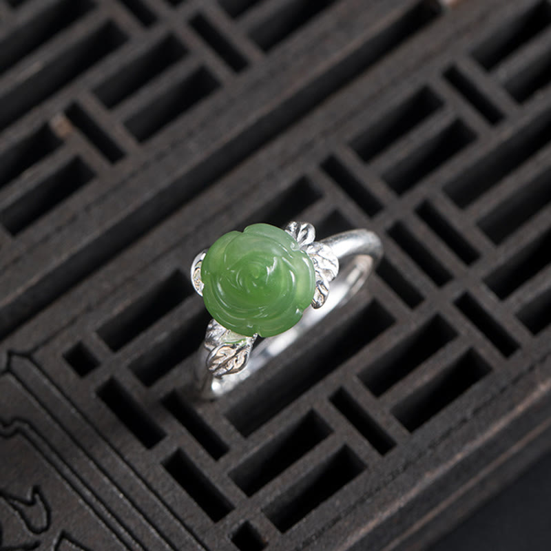 EverestArtstudios 925 Sterling Silver Jade Green Rose Luck Adjustable Ring