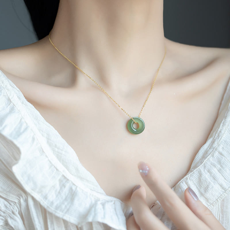 EverestArtstudios 925 Sterling Silver Plated Gold Hetian Jade Peace Buckle Necklace Pendant
