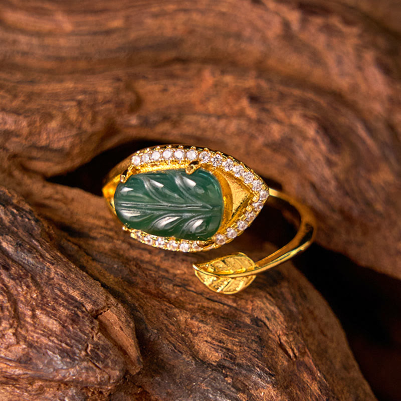 EverestArtstudios Copper Plated Gold Natural Jade Leaf Prosperity Adjustable Ring