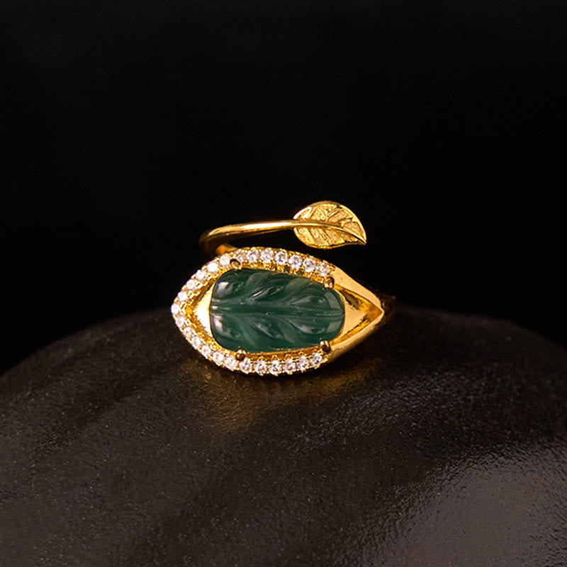 EverestArtstudios Copper Plated Gold Natural Jade Leaf Prosperity Adjustable Ring