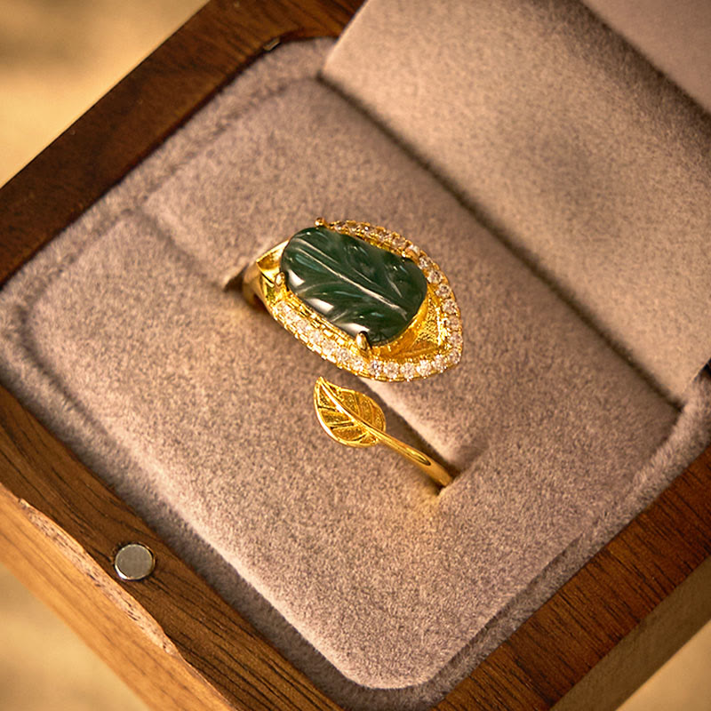 EverestArtstudios Copper Plated Gold Natural Jade Leaf Prosperity Adjustable Ring