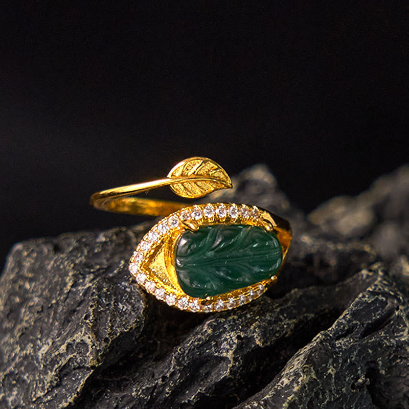 EverestArtstudios Copper Plated Gold Natural Jade Leaf Prosperity Adjustable Ring