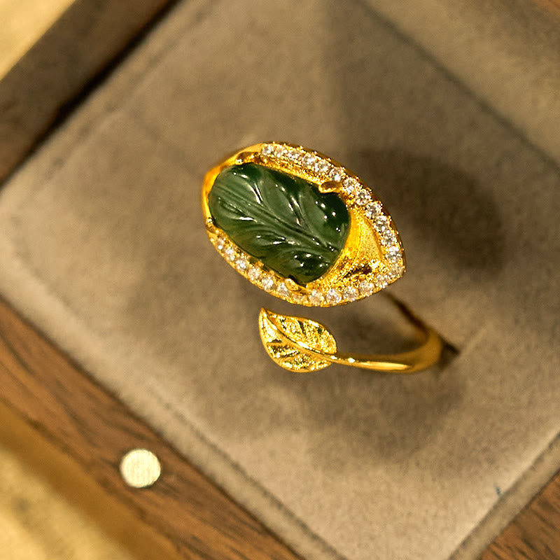 EverestArtstudios Copper Plated Gold Natural Jade Leaf Prosperity Adjustable Ring