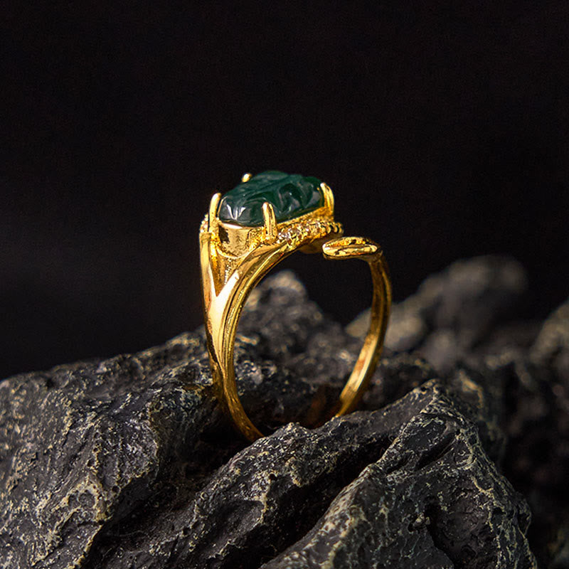 EverestArtstudios Copper Plated Gold Natural Jade Leaf Prosperity Adjustable Ring