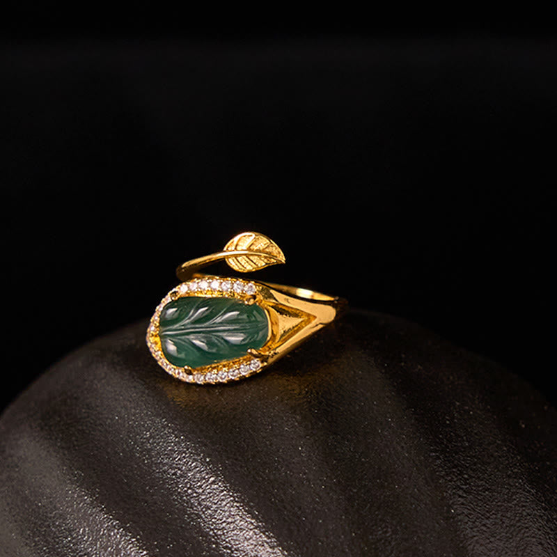 EverestArtstudios Copper Plated Gold Natural Jade Leaf Prosperity Adjustable Ring