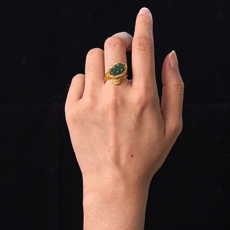 EverestArtstudios Copper Plated Gold Natural Jade Leaf Prosperity Adjustable Ring