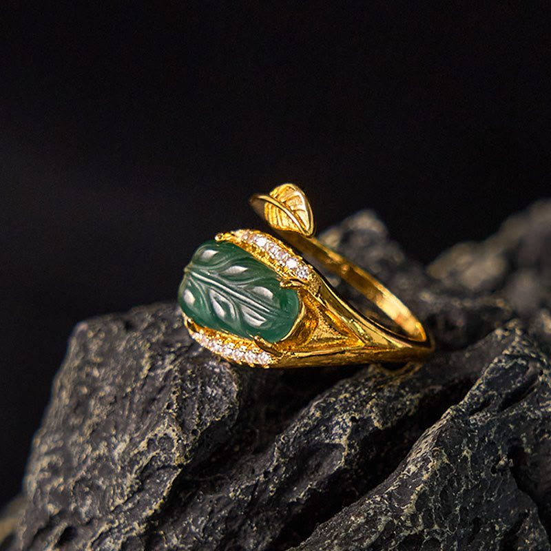 EverestArtstudios Copper Plated Gold Natural Jade Leaf Prosperity Adjustable Ring
