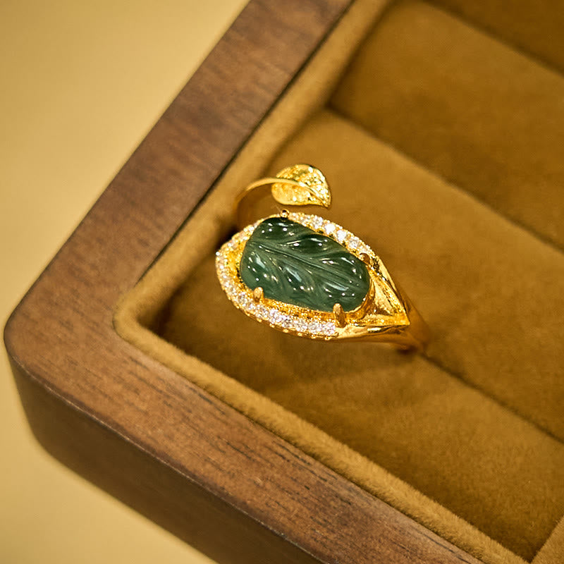 EverestArtstudios Copper Plated Gold Natural Jade Leaf Prosperity Adjustable Ring