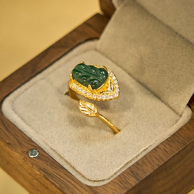 EverestArtstudios Copper Plated Gold Natural Jade Leaf Prosperity Adjustable Ring