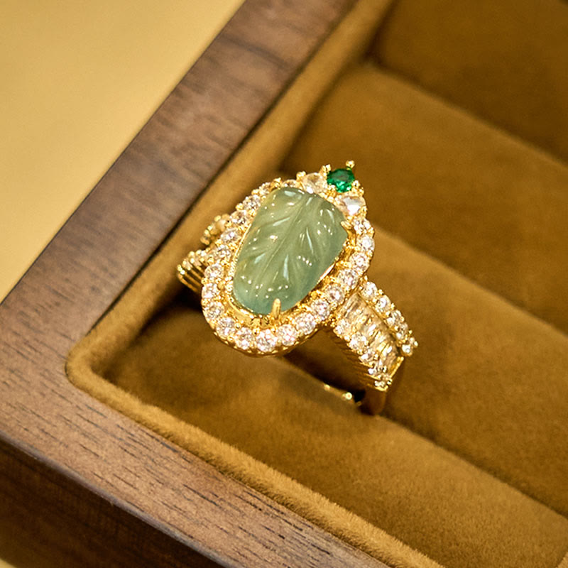 EverestArtstudios Copper Plated Gold Natural Jade Leaf Full Diamond Luck Adjustable Ring