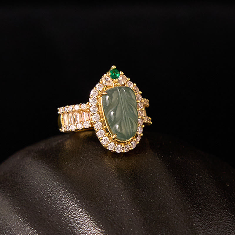 EverestArtstudios Copper Plated Gold Natural Jade Leaf Full Diamond Luck Adjustable Ring