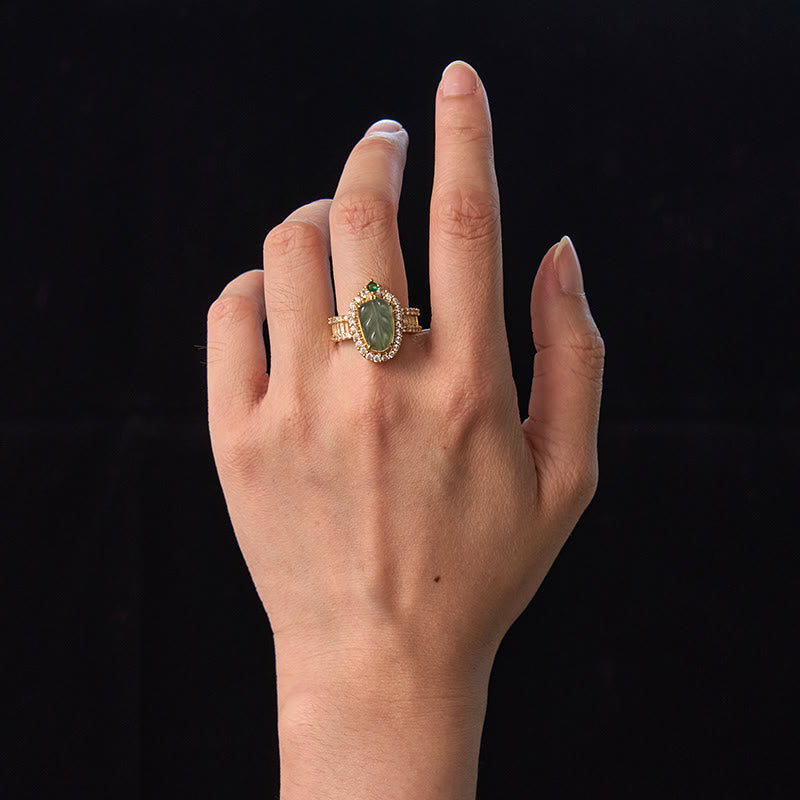 EverestArtstudios Copper Plated Gold Natural Jade Leaf Full Diamond Luck Adjustable Ring