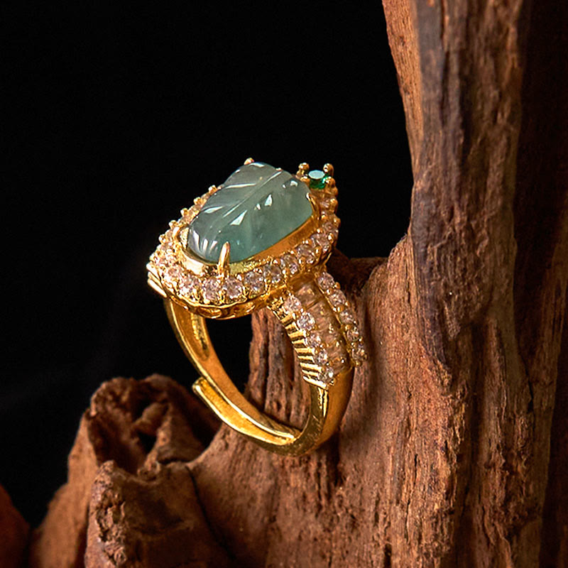 EverestArtstudios Copper Plated Gold Natural Jade Leaf Full Diamond Luck Adjustable Ring