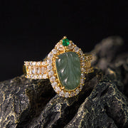EverestArtstudios Copper Plated Gold Natural Jade Leaf Full Diamond Luck Adjustable Ring