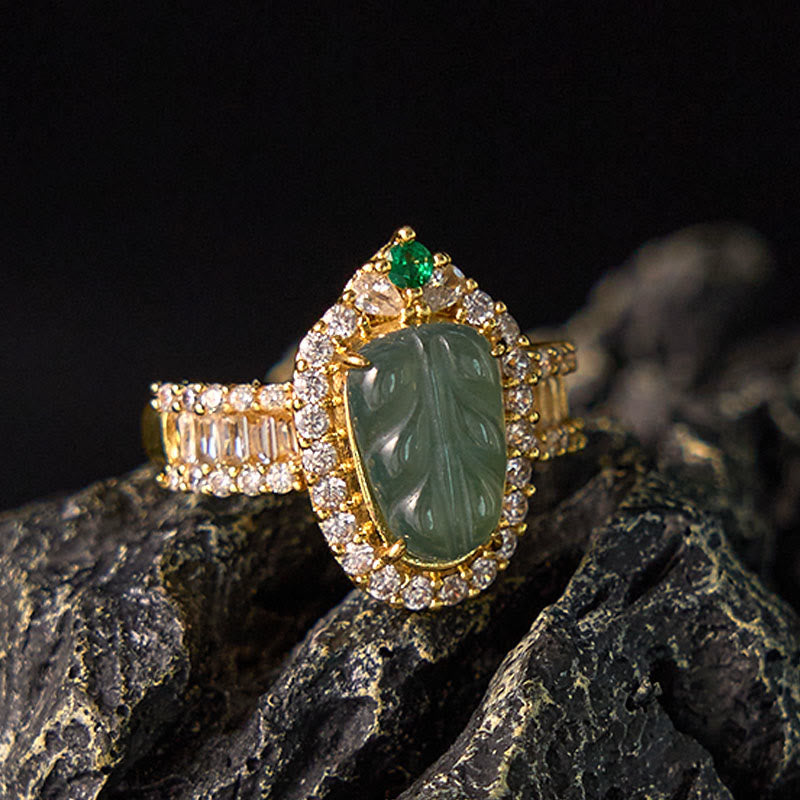 EverestArtstudios Copper Plated Gold Natural Jade Leaf Full Diamond Luck Adjustable Ring