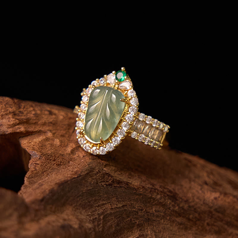 EverestArtstudios Copper Plated Gold Natural Jade Leaf Full Diamond Luck Adjustable Ring