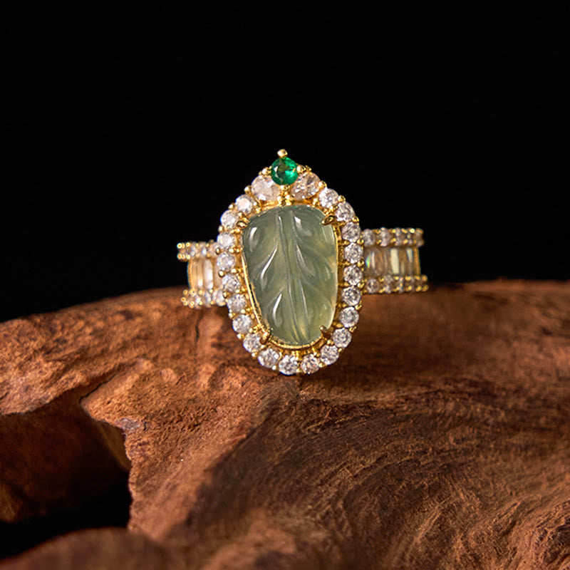 EverestArtstudios Copper Plated Gold Natural Jade Leaf Full Diamond Luck Adjustable Ring