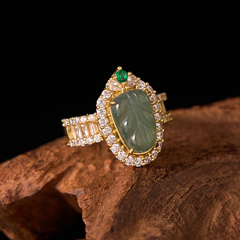 EverestArtstudios Copper Plated Gold Natural Jade Leaf Full Diamond Luck Adjustable Ring