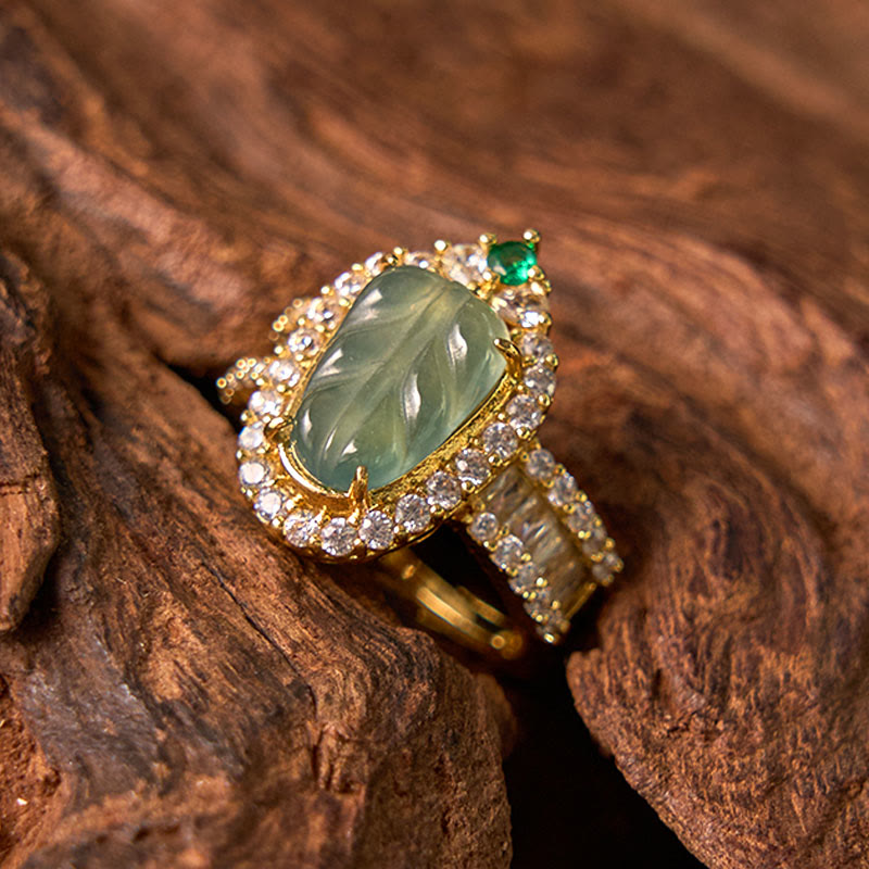 EverestArtstudios Copper Plated Gold Natural Jade Leaf Full Diamond Luck Adjustable Ring
