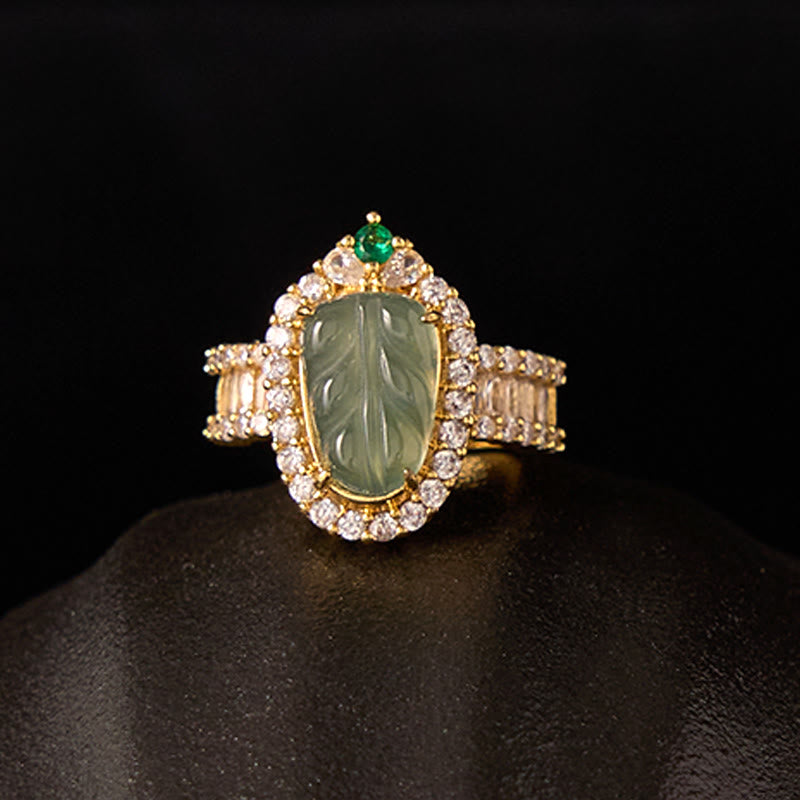 EverestArtstudios Copper Plated Gold Natural Jade Leaf Full Diamond Luck Adjustable Ring
