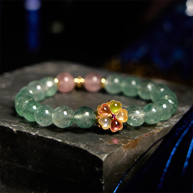 EverestArtstudios Natural Green Strawberry Quartz Soothing Fu Character Bracelet