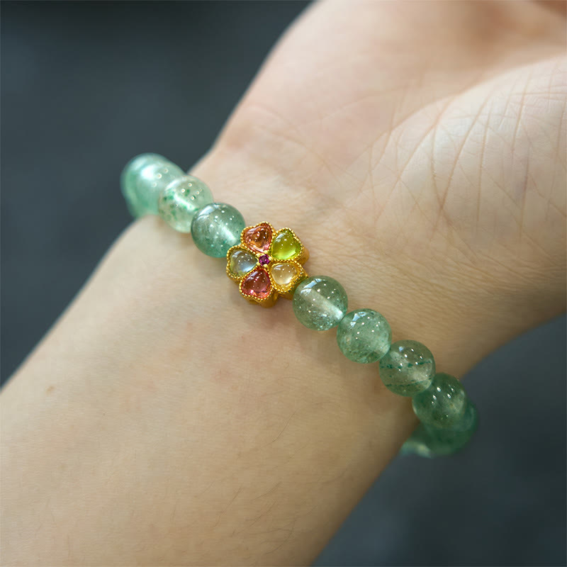 EverestArtstudios Natural Green Strawberry Quartz Soothing Fu Character Bracelet