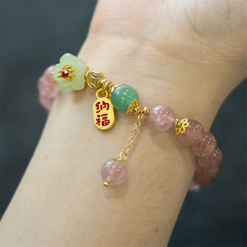 EverestArtstudios Natural Strawberry Quartz Blossom Fu Character Positivity Healing Bracelet