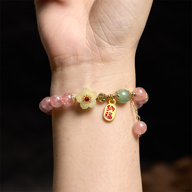 EverestArtstudios Natural Strawberry Quartz Blossom Fu Character Positivity Healing Bracelet