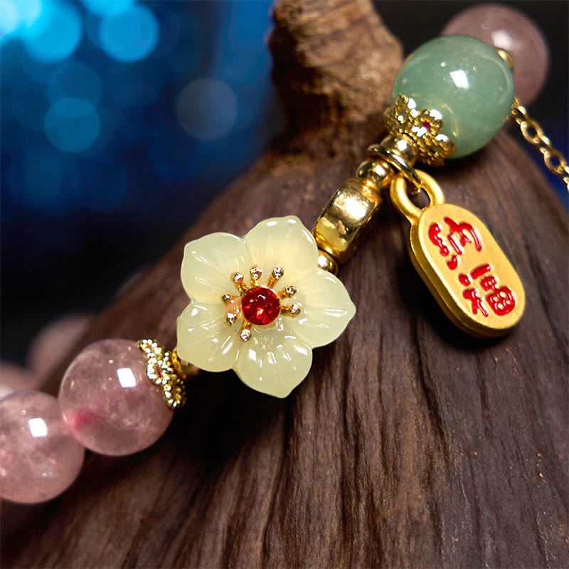 EverestArtstudios Natural Strawberry Quartz Blossom Fu Character Positivity Healing Bracelet