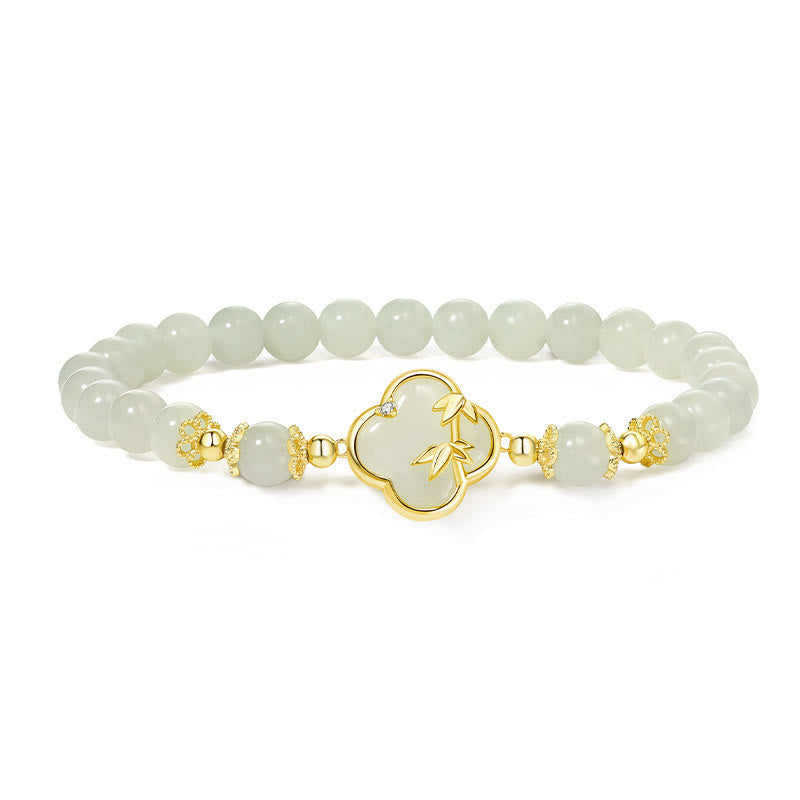 EverestArtstudios Hetian Jade 925 Sterling Silver Four Leaf Clover Bamboo Luck Bracelet