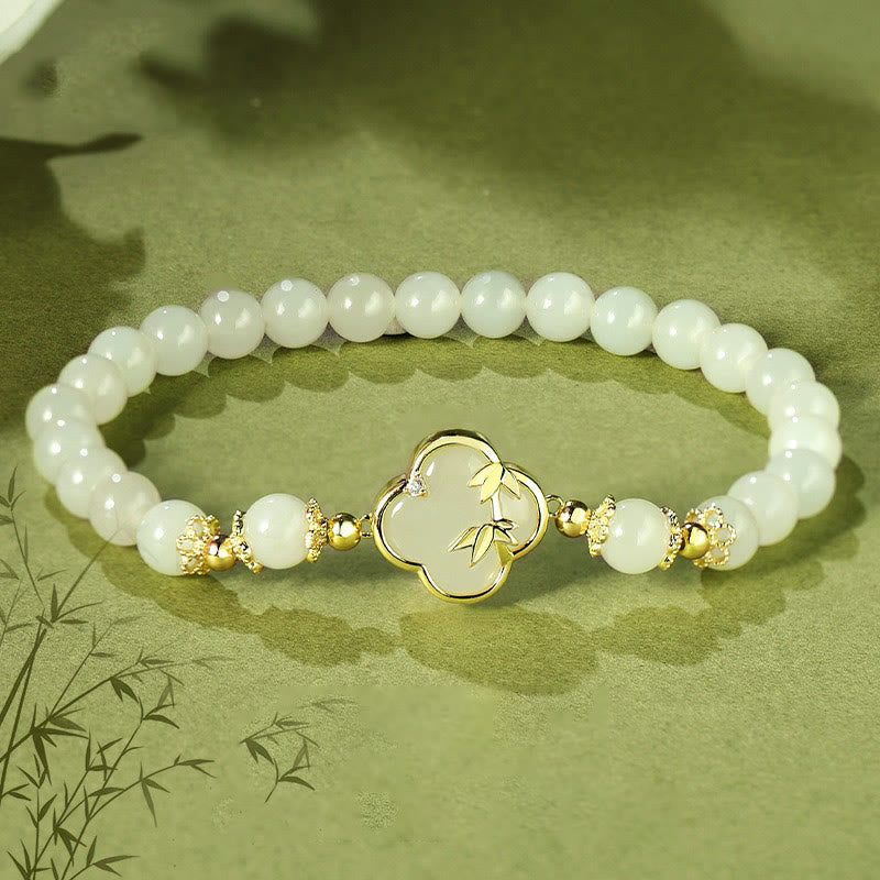EverestArtstudios Hetian Jade 925 Sterling Silver Four Leaf Clover Bamboo Luck Bracelet