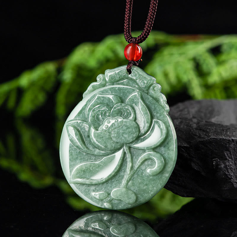 EverestArtstudios Round Lotus Pattern Jade Abundance Prosperity Necklace Rope Pendant