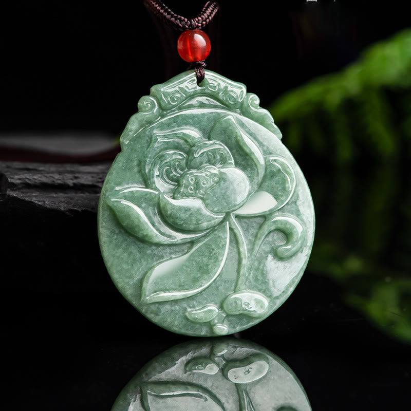 EverestArtstudios Round Lotus Pattern Jade Abundance Prosperity Necklace Rope Pendant