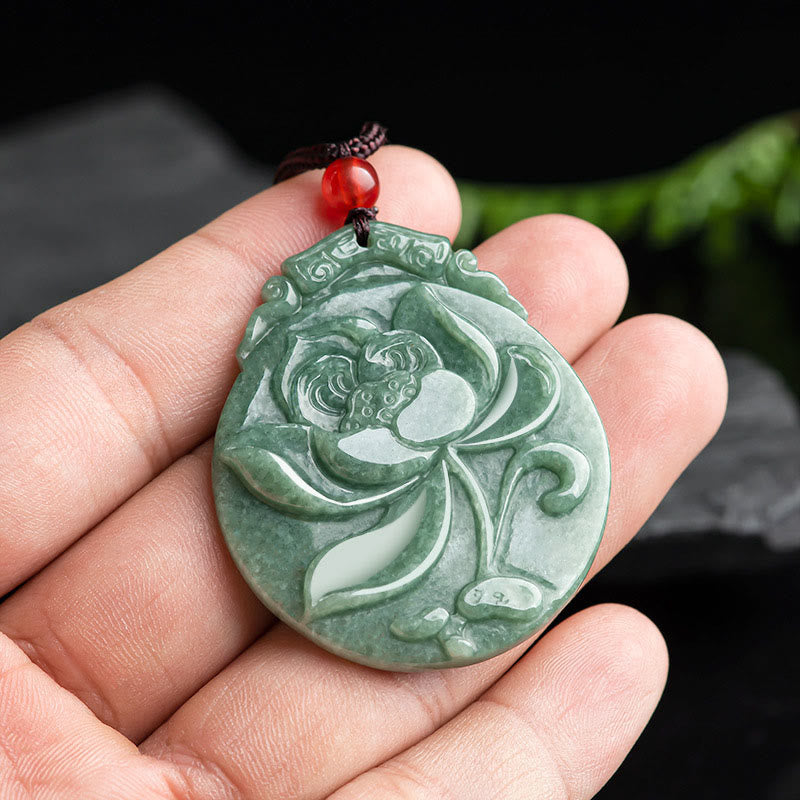 EverestArtstudios Round Lotus Pattern Jade Abundance Prosperity Necklace Rope Pendant