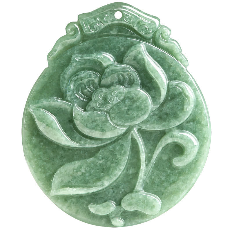 EverestArtstudios Round Lotus Pattern Jade Abundance Prosperity Necklace Rope Pendant