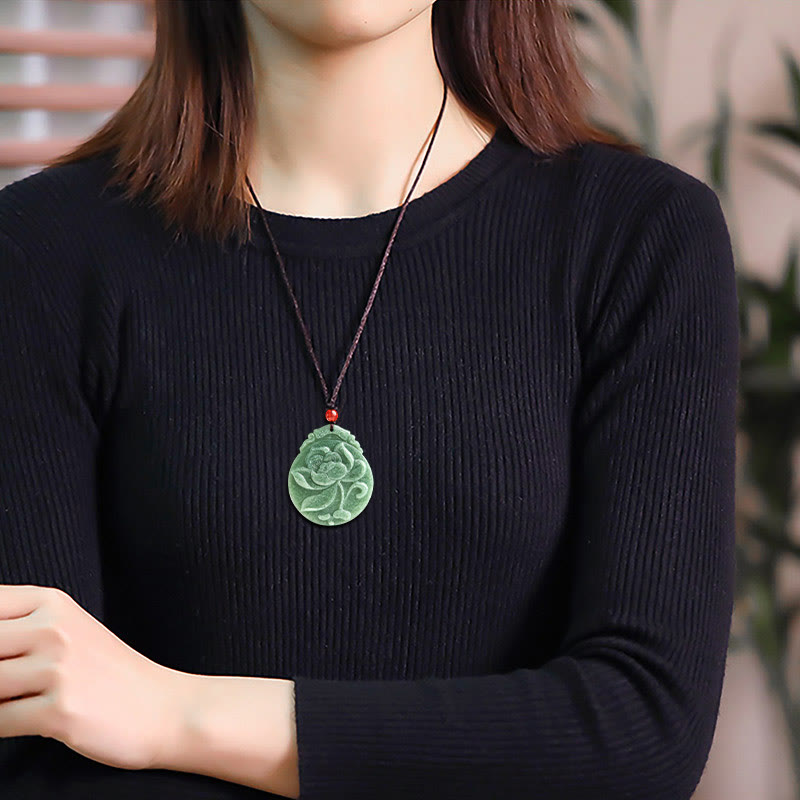 EverestArtstudios Round Lotus Pattern Jade Abundance Prosperity Necklace Rope Pendant