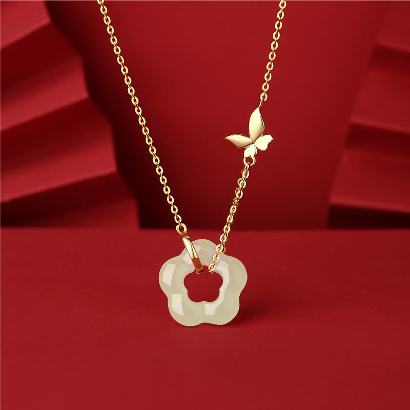 EverestArtstudios 925 Sterling Silver Butterfly Hetian Jade Flower Blessing Necklace Pendant