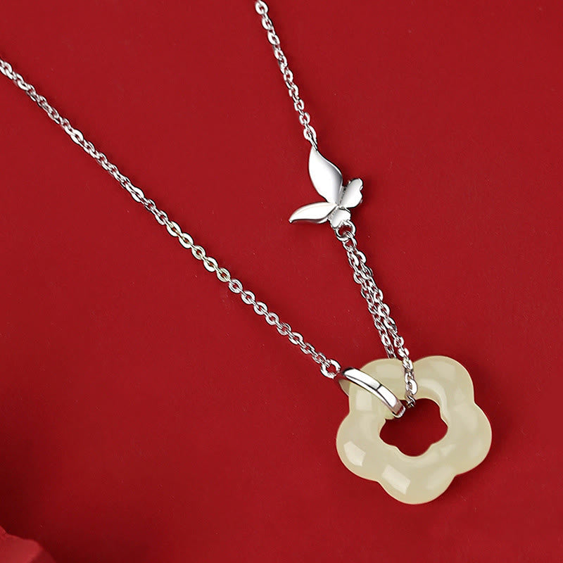 EverestArtstudios 925 Sterling Silver Butterfly Hetian Jade Flower Blessing Necklace Pendant